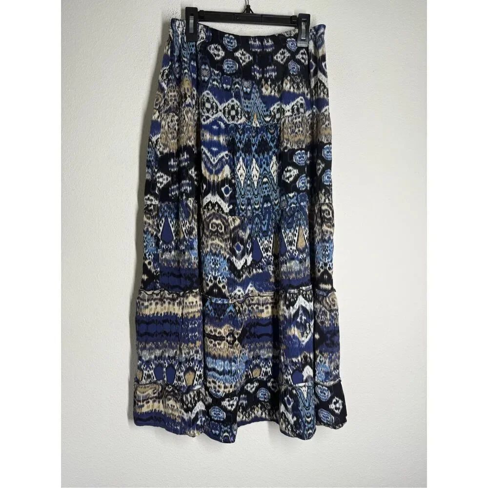 Elementz Boho Tiered Maxi Skirt W/Elastic Waist Geometric Design Print Blue Sz S